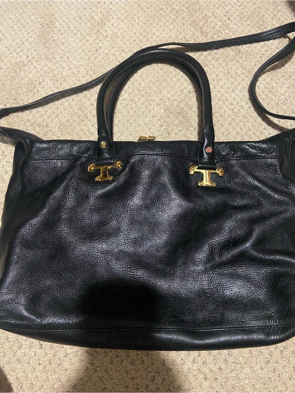 Tory Burch Black Leather Tote with Gold Hardware with 3 straps. Great size bag!